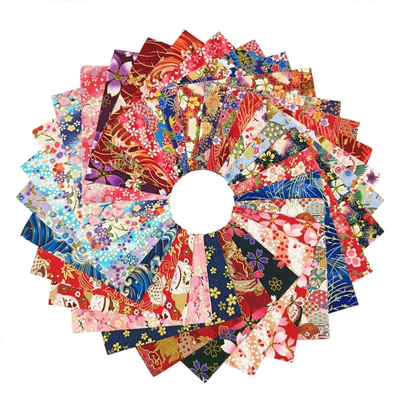 50Pcs Japanese Style Fabric Squares Fat Quarters Cotton Wrapping Cloth Quilting Fabric Bundles for DIY Patchwork Sewing,10x10cm
