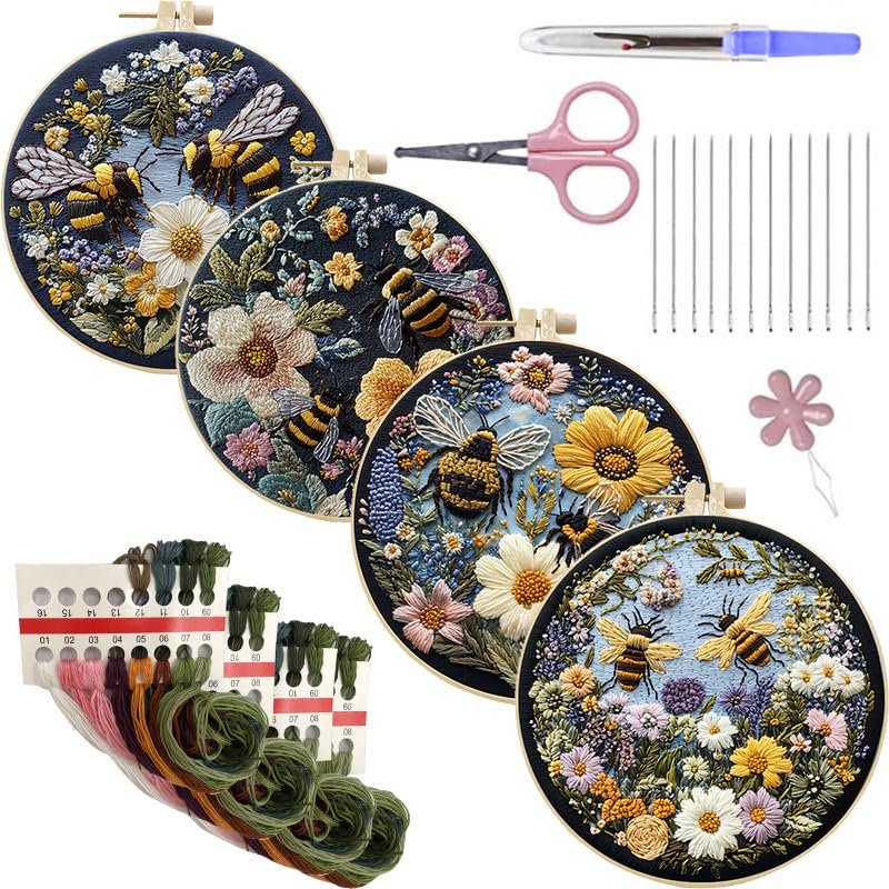 LB 4 Pack Yellow Bee Floral Embroidery Kit for Beginners Green Plant Beginner Embroidery Kit for Adults DIY Starter Kit with Embroidery Hoop Colorful Threads Tools Step by Step Instructions - color: Yellow and Green