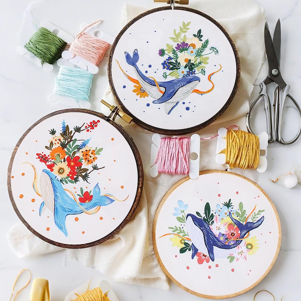 KEKEMEOW 3 Sets Embroidery Kit for Beginners, Stitches with Whale and Flowers, Embroidery Stitch Practice kit for Adults Craft Lover, Cross Stitch Kit with Pattern、Instruction、Hoop - color: whale