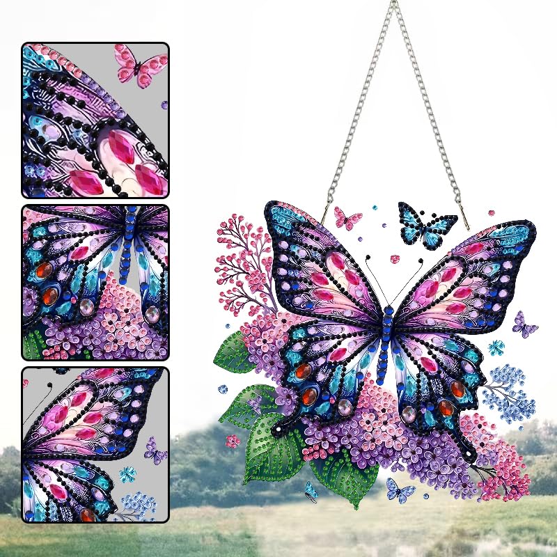 STGLCR Butterfly Diamond Art Hanging Kit for Adult,Special Shaped DIY Acrylic 5D Flowers Diamond Art Painting Window Pendants Home Garden Wall Hanging Kits Hanging Ornament 7.8inch Purple Foral - color: 92-Butterfly Flower purple