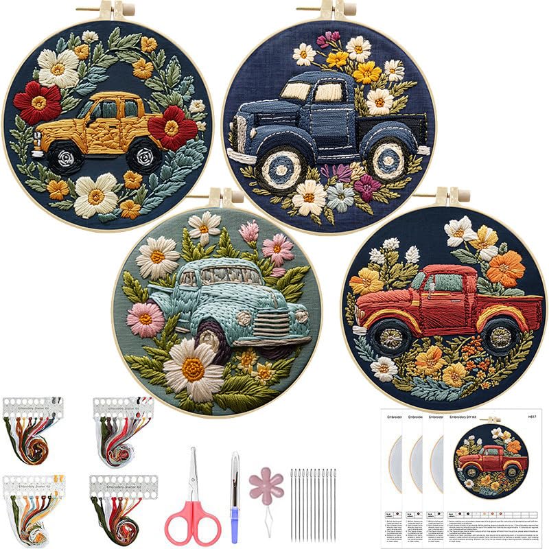 LB 4-Pack Colorful Truck Flower Embroidery Kit for Beginners: Cross Stitch Kit with Green Floral | Adults DIY Starter Kit Includes Embroidery Hoop, Colorful Threads, Tools and Instructions - color: Blue Red