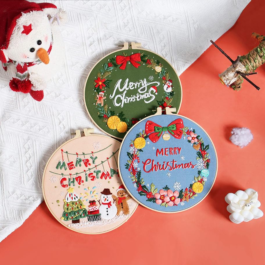 Konrisa Embroidery Kits Merry Christmas Pattern Embroidery Starter Kits for Adults Beginner DIY Sewing Needlepoint Cross Stitch Practice Kit Christmas Home Decoration Handmade Gifts - color: Xmas