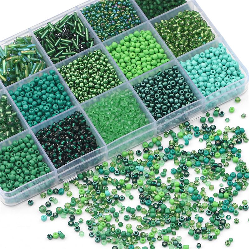 15 Grid Green Glass Seed Bugle Tube Beads Kit for Jewelry Making DIY Craft - color: Green, size: 15 Grid