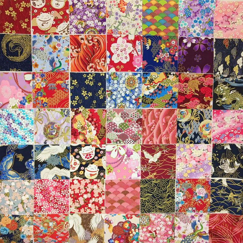 50Pcs Japanese Style Fabric Squares Fat Quarters Cotton Wrapping Cloth Quilting Fabric Bundles for DIY Patchwork Sewing,10x10cm