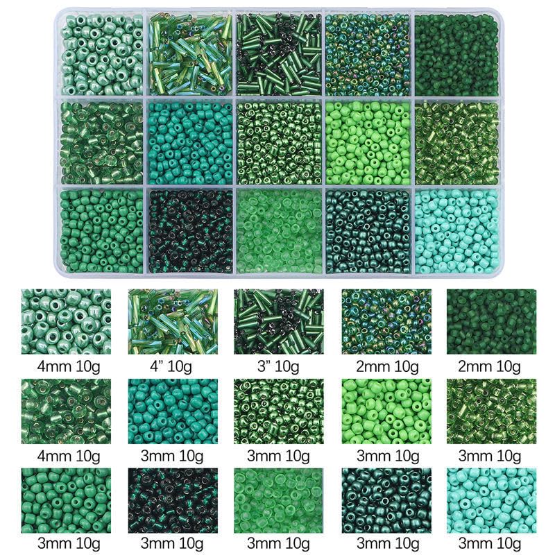 15 Grid Green Glass Seed Bugle Tube Beads Kit for Jewelry Making DIY Craft - color: Green, size: 15 Grid