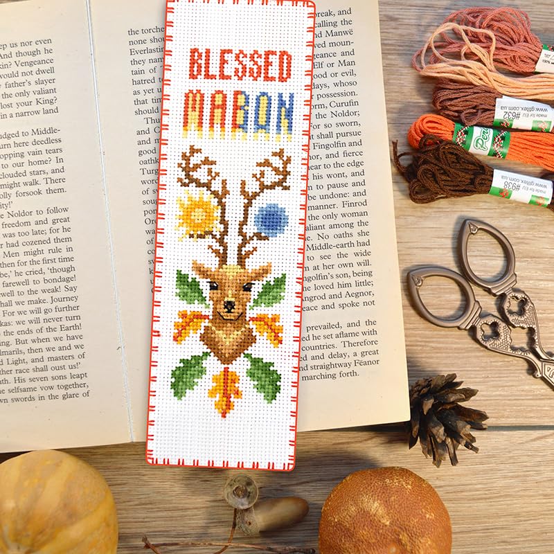 Povitrulya Cross Stitch Bookmark Kit “Mabon“ – Counted DIY Embroidery Set for Adults & Beginners, Autumn Equinox Pagan Wiccan Alban Elfed Harvest Festival Needlework Gift - color: Mabon