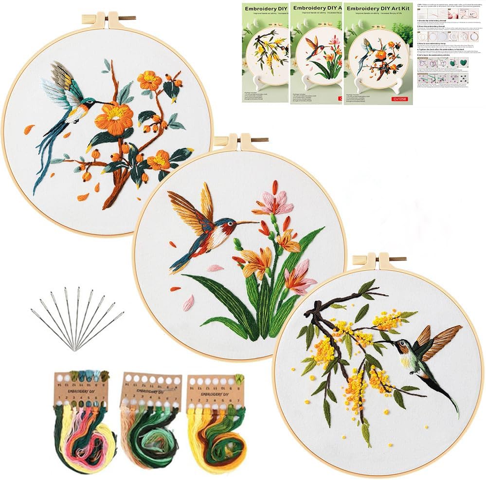 GLTAYLMY 3 Pack Embroidery Kits for Adults, Hummingbird and Flower Embroidery Kit for Beginners with Clear Instructions,1 Plastic Embroidery Hoops, Stamped Patterns, Colorful Threads, Tools - color: Bird123
