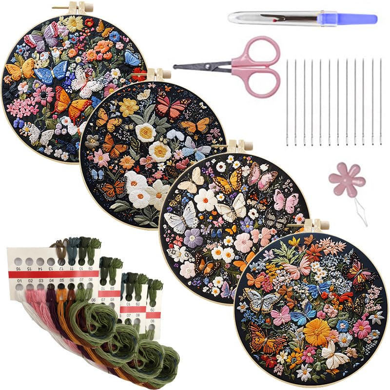 LB 4 Pack Colorful Floral Embroidery Kit for Beginners Nature Butterfly Beginner Embroidery Kit for Adults DIY Starter Kit with Embroidery Hoop Colorful Threads Tools Step by Step Instructions - color: Orange