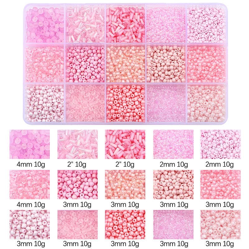 15 Grid Pink Glass Seed Bugle Tube Beads Kit for Jewelry Making DIY Craft - color: Pink, size: 15 Grid