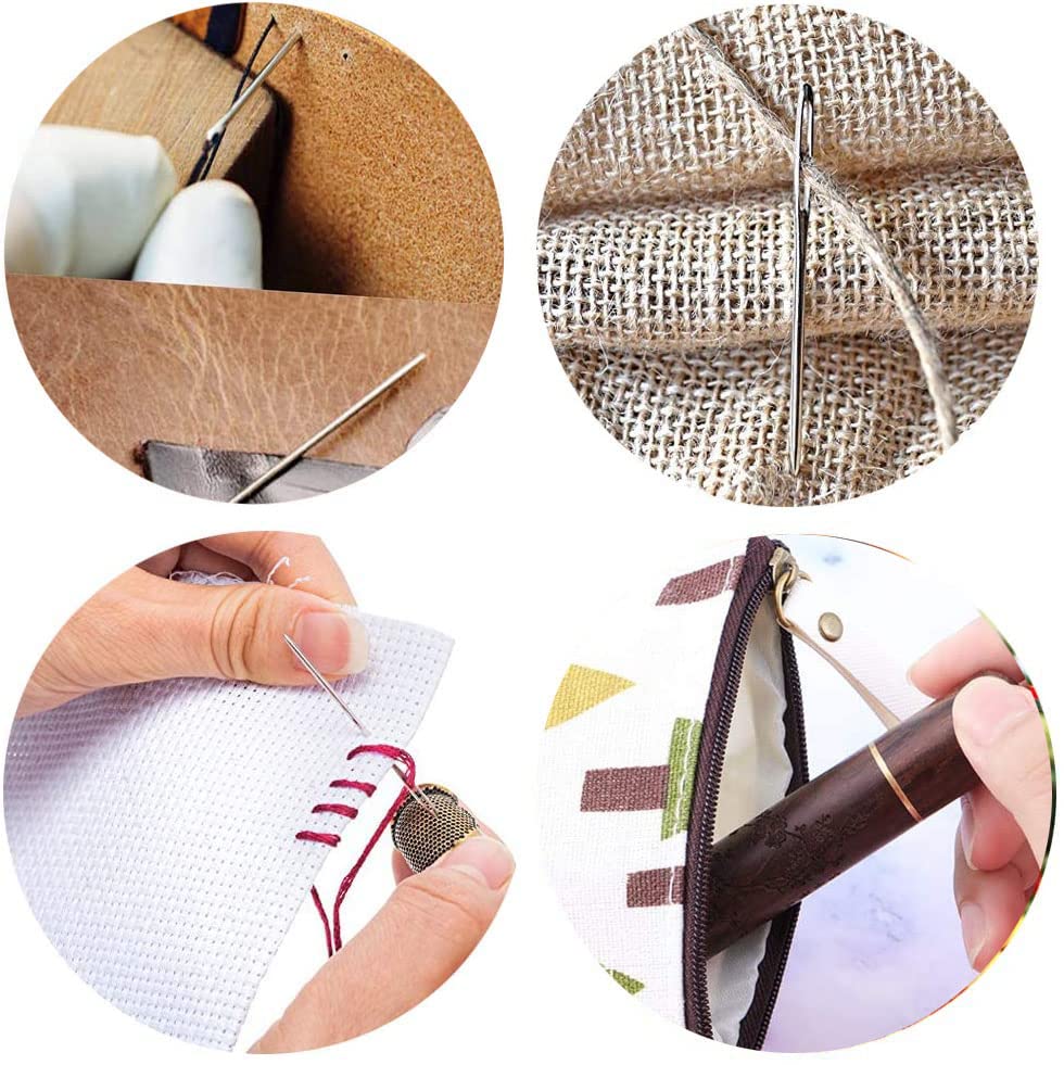 Fbshicung 24 Pieces Self Threading Needles Double Hole Needles, 6 Pieces Large Eye Stitching Needles Sewing Needles with 2 Pieces Wooden Needle Case Carving Pattern Case for Sewing Embroidery