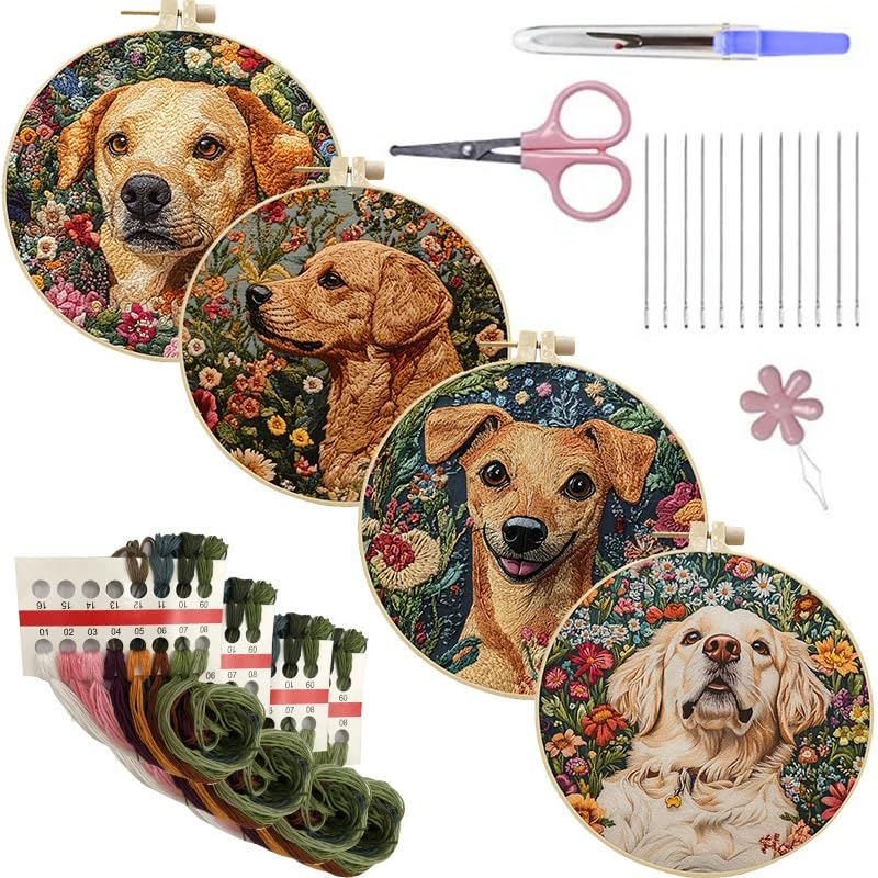 LB 4 Pack Cute Dog Flower Embroidery Kit for Beginners Funny Animal Beginner Embroidery Kit for Adults DIY Starter Kit with Embroidery Hoop Colorful Threads Tools Step by Step Instructions - color: Brown