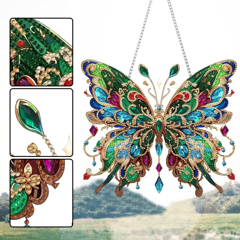 STGLCR DIY Hanging Diamond Art Pendant Painting Kit Colourful Butterfly, Special Crystal Gem Craft Painting Kit Ornament Double Sided Diamond Art Suncatcher Window Hanging Ornament 7.8inch - color: Green Butterfly