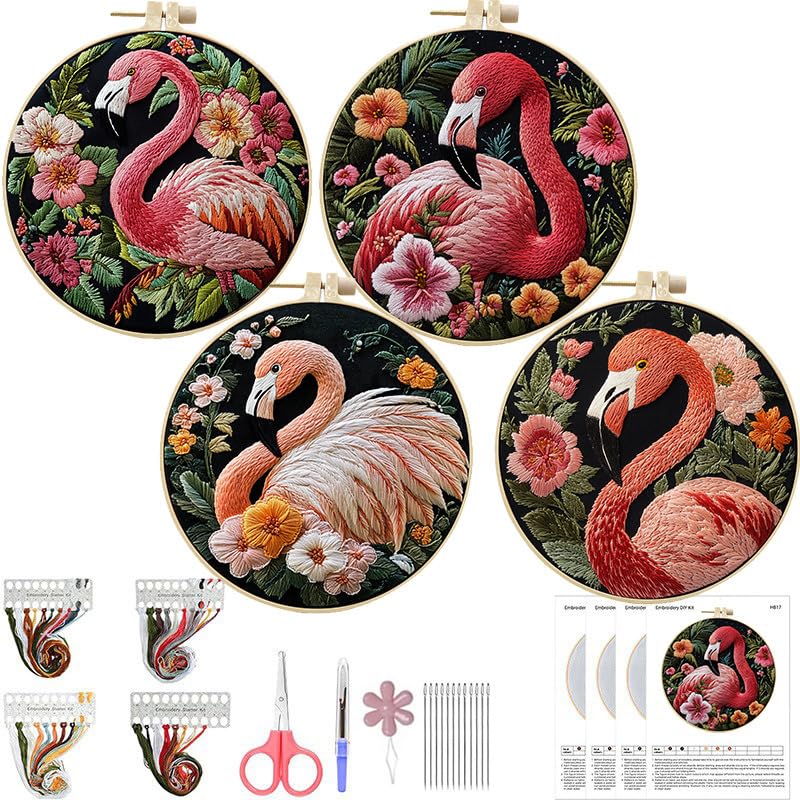 LB 4 Pack Pink Flamingo Embroidery Kit for Beginners Green Leaf Plant Beginner Embroidery Kit for Adults DIY Starter Kit with Embroidery Hoop Colorful Threads Tools Step by Step Instructions - color: Pink and Green