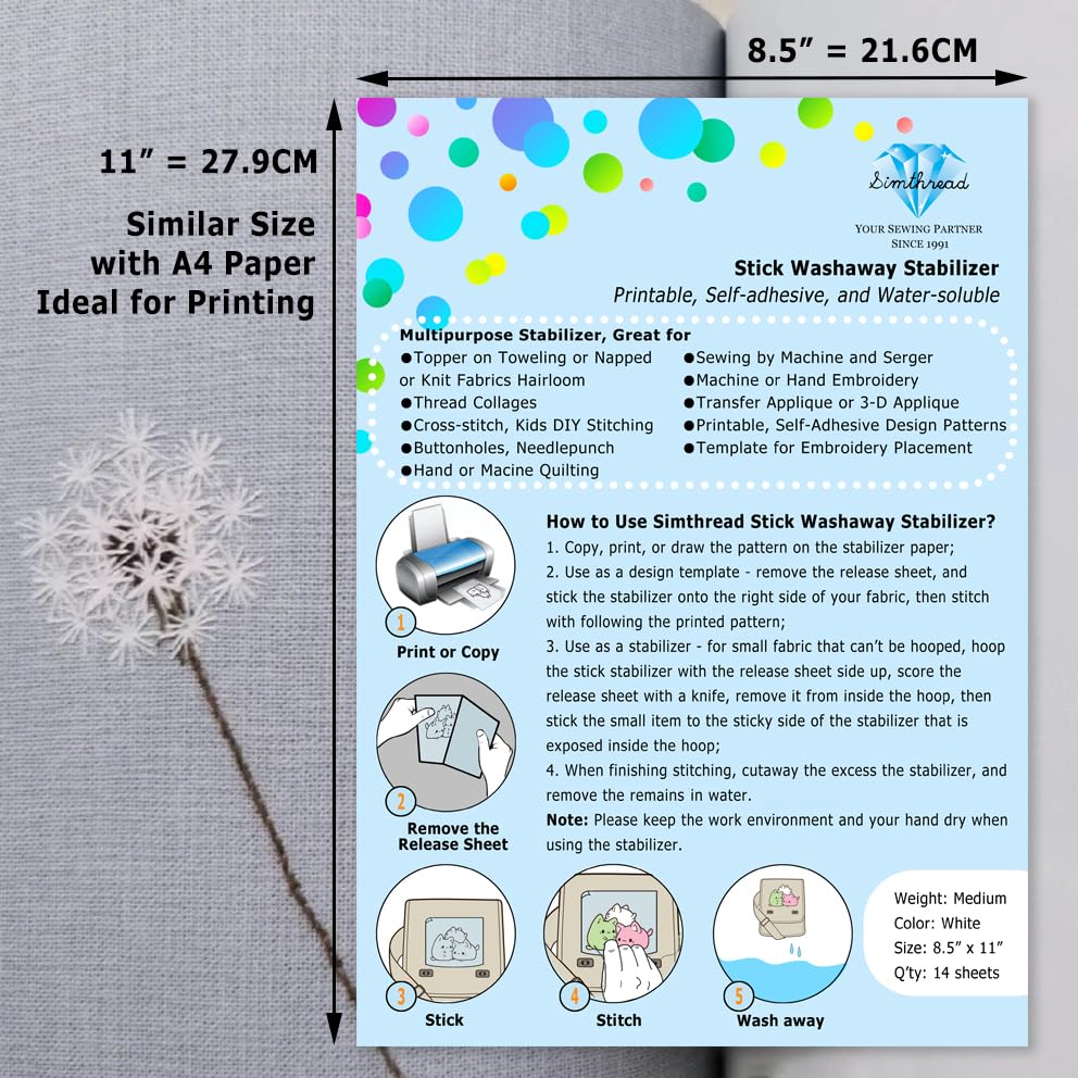 Sticky Wash Away Embroidery Stabilizer Self-Adhesive Printable A4 Size Paper Stabilizer Medium Weight 1.4OZ 8.5" x 11" 14pcs / Pack - size: 8.5" x 11" 14PCS