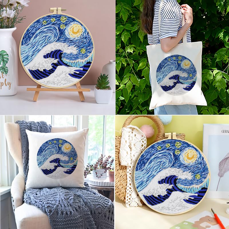 Zhenqing Ocean Wave Embroidery Kit for Beginners, Starry Sky Needlework Kit with Pre-Printed Fabric, Hoop, Threads & Tools, Celestial Wall Decor (S-CX0470) - color: Wave & Starry Sky