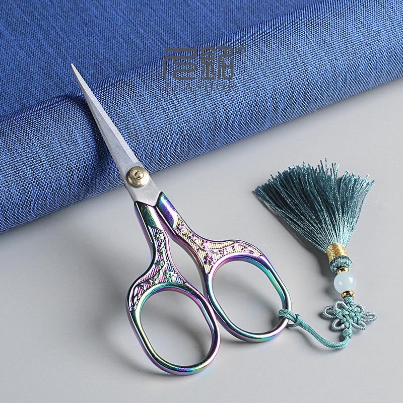 Vintage Craft Scissors Stainless Steel Square Handle Household DIY Embroidery Thread Scissors for Sewing Cutting Cloth with A Chinese Knot (Multicolor) - color: Multicolor