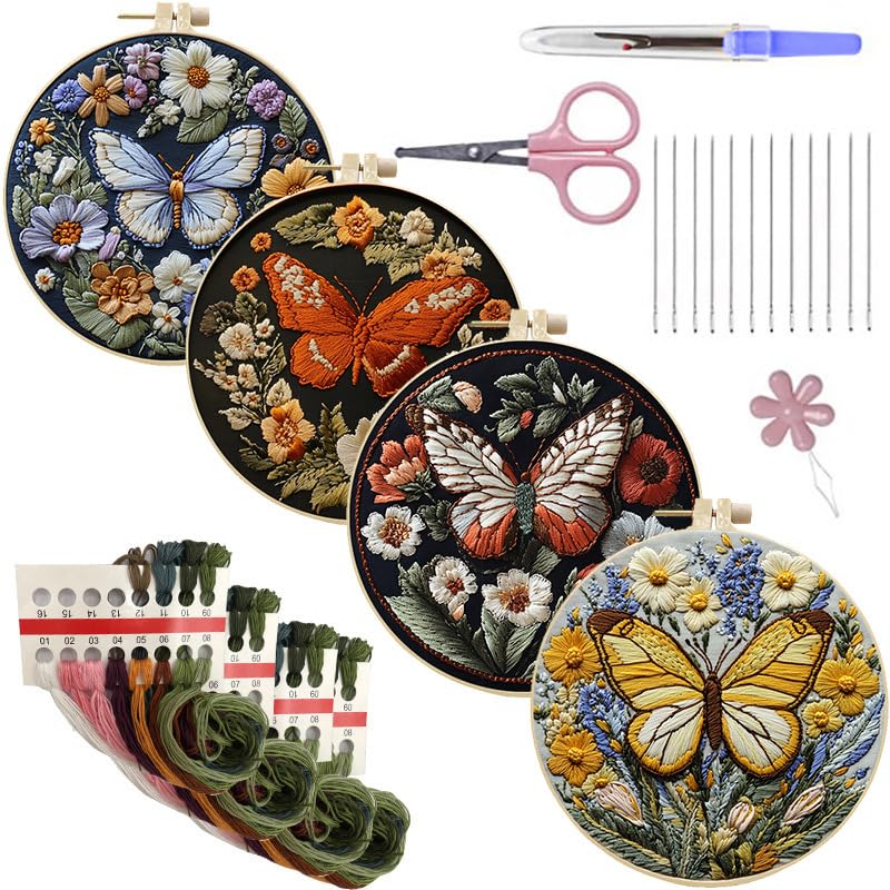 LB 4 Pack Colorful Butterfly Embroidery Kit for Beginners Nature Flower Beginner Embroidery Kit for Adults DIY Starter Kit with Embroidery Hoop Colorful Threads Tools Step by Step Instructions - color: Blue
