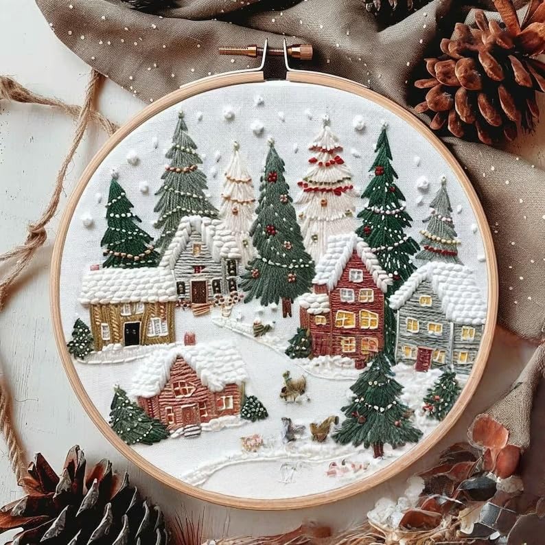 Christmas Embroidery Kit DIY Hand Embroidery Starter Cross Stitch Kits, Christmas Ornaments Embroidery with Stamped Pattern,Cotton,Threads,Needles,Instructions for Adults Beginners (Holiday Village) - color: Holiday Village