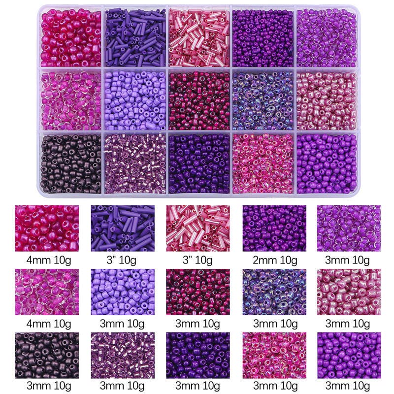 15 Grid Purple Glass Seed Bugle Tube Beads Kit for Jewelry Making DIY Craft - color: Purple, size: 15 Grid