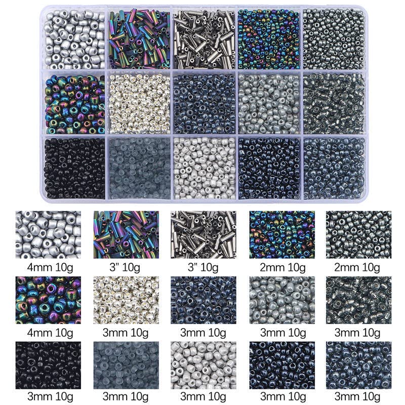 15 Grid Black Glass Seed Bugle Tube Beads Kit for Jewelry Making DIY Craft - color: Black, size: 15 Grid