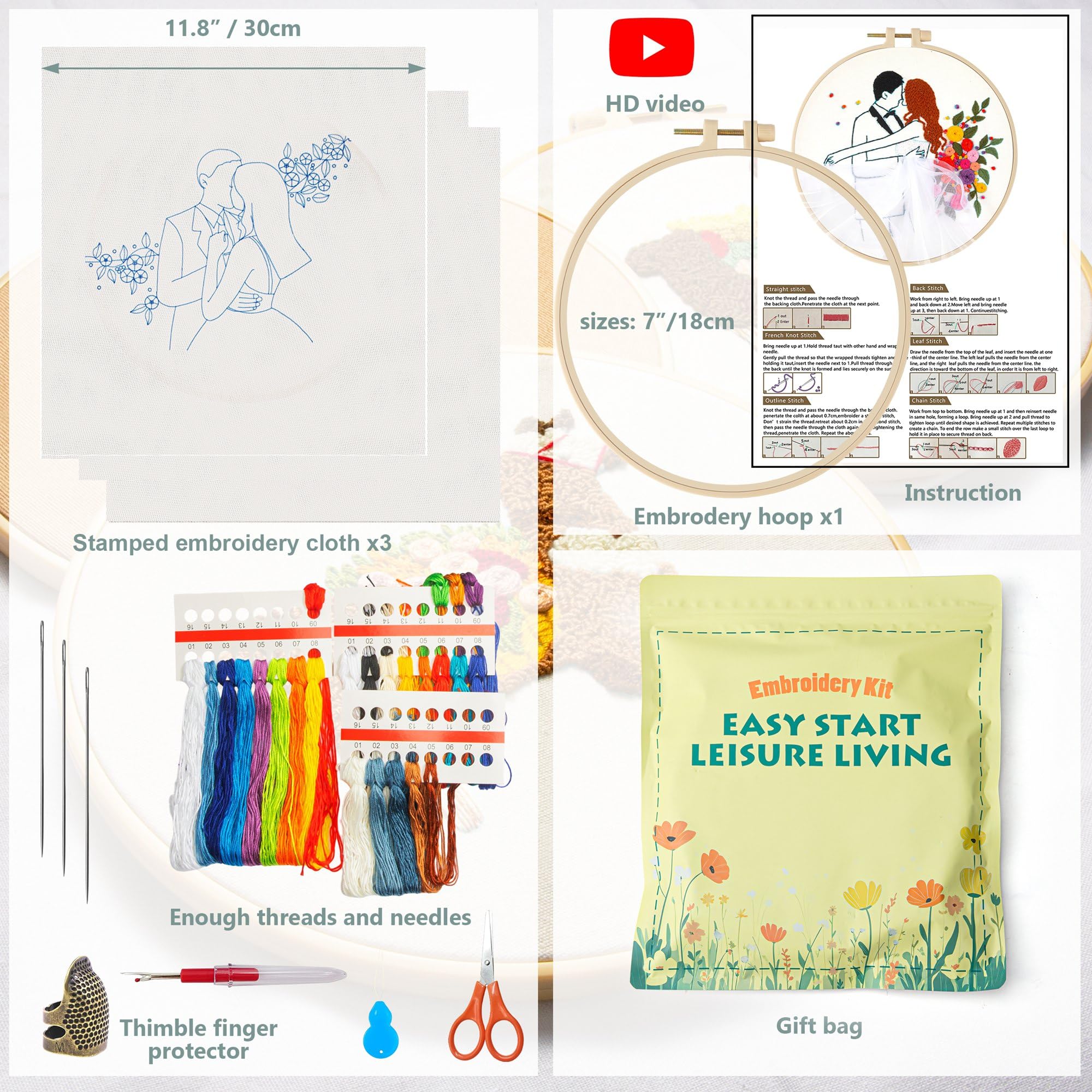 LX LERMX Embroidery Kits for Beginners, Adult Starter Cross Stitch Kit Needlepoint Complete DIY Kit with Unique Patterns, Hoop, Colorful Threads, Tools, Step by Step Instructions & Video Tutorial - color: Pattern 5 - 3PCS