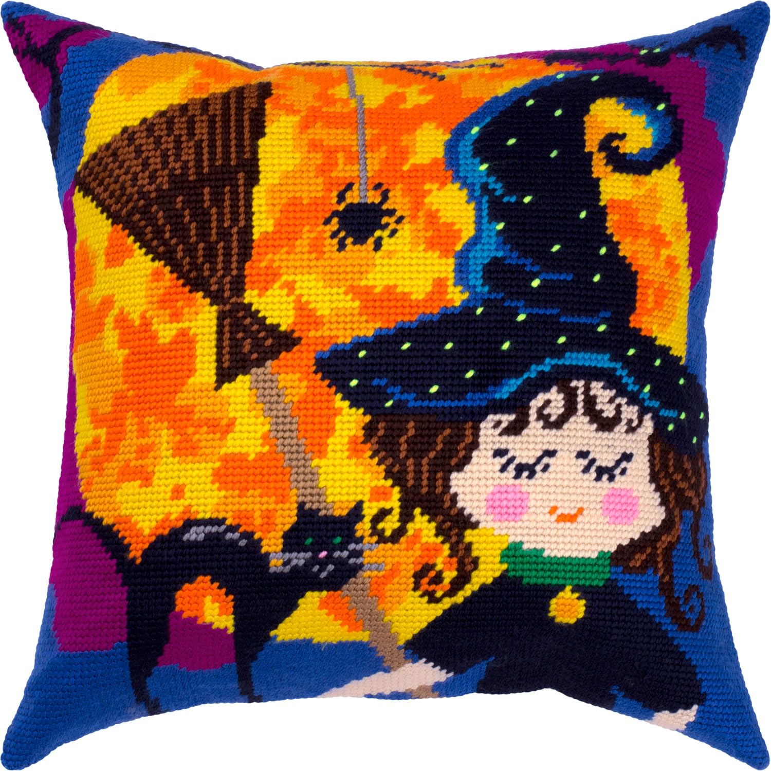 Brvsk Seasonal Embroidery Kit for Adults and Beginners — Halloween 16″ × 16″ with Clear, Precise Printed Design on Cotton Canvas; Includes 2 Needles, Yarn, and Easy-Read Chart - color: Witch