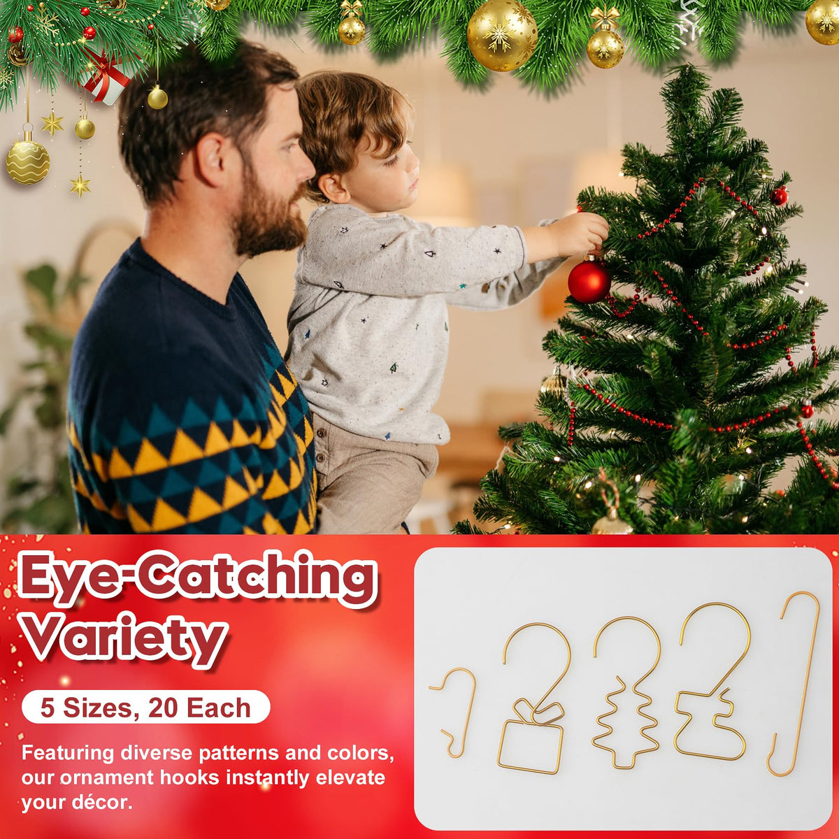 100 Pack Gold (5 Sizes, 20 Each) Ornament Hooks for Christmas